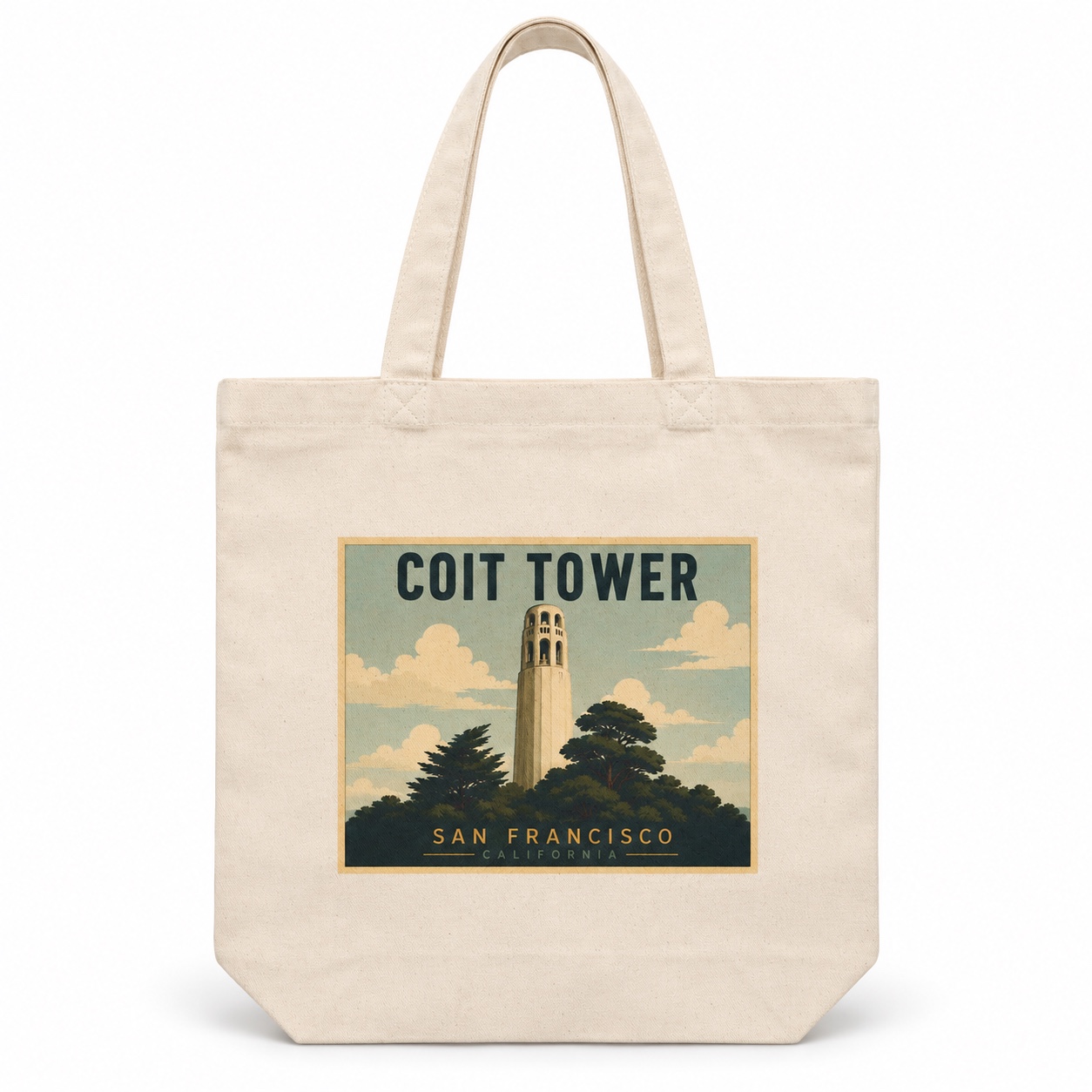 Coit Tower design on a canvas tote