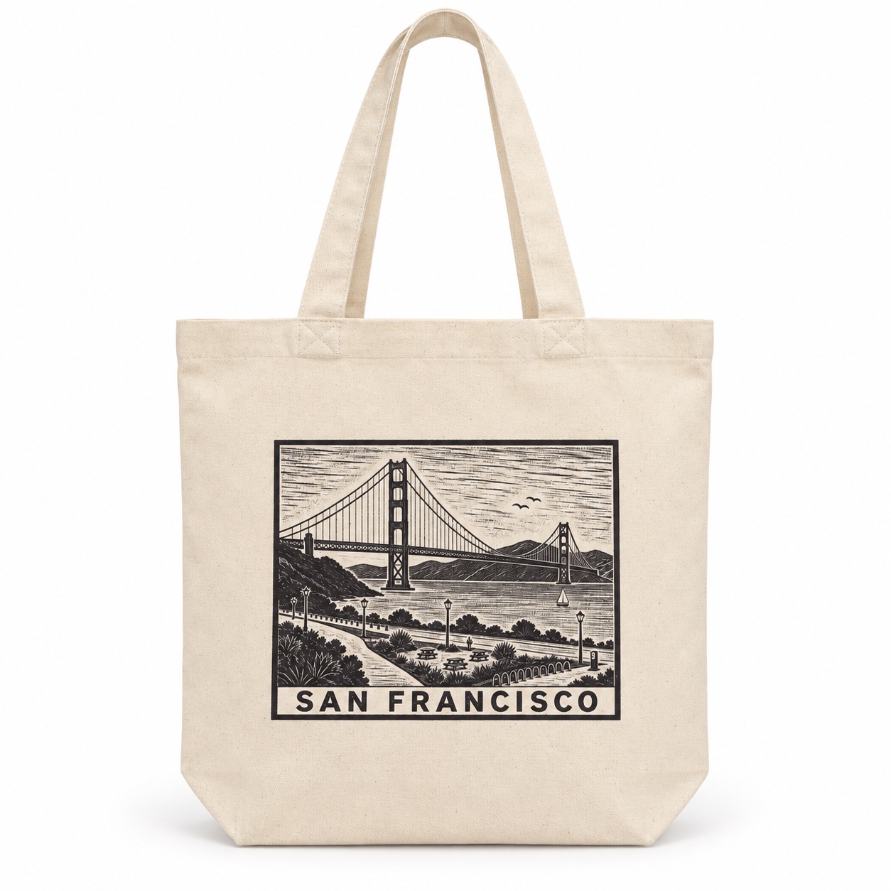 Golden Gate Linocut design on a canvas tote